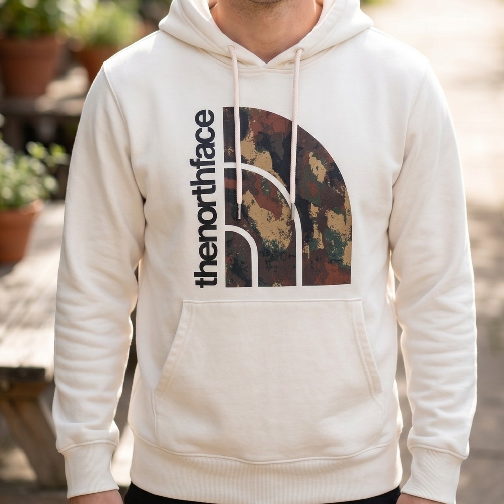 The‎ North Face Mens Cream Camo Logo Pullover Hoodie Off White Sweatshirt L